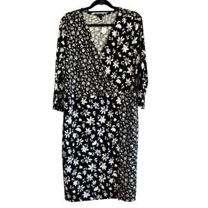 Talbots Ditsy Faux Wrap Jersey Dress Midi Black White Floral 3/4 Sleeve Sz 2X